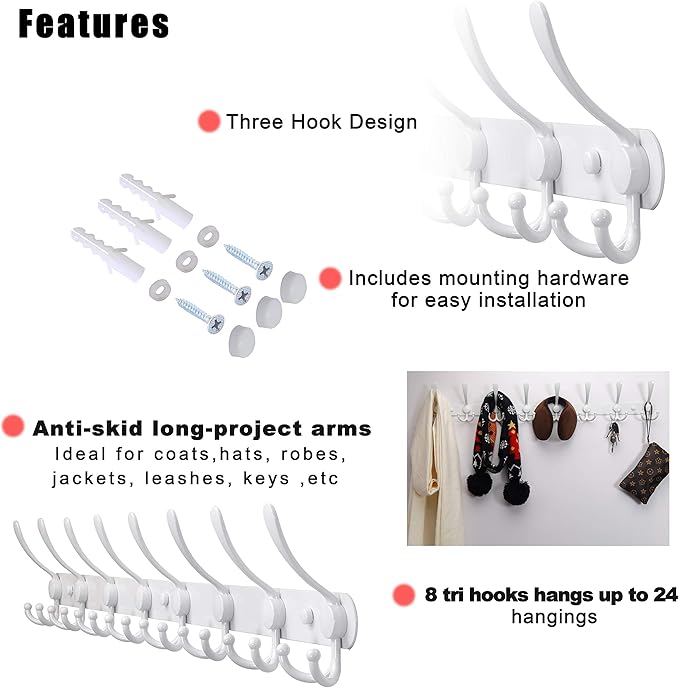 Dseap Coat Rack Wall Mount - 29.5” Long 8-Tri-Hooks Heavy Duty Coat Hanger Rail Wall Hooks for Hanging Coats Hats Clothing Clothes Purse Mudroom Entryway, White, Pack of 2-NeatNest