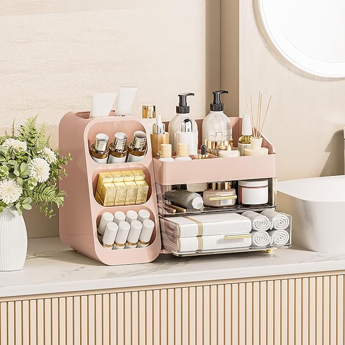 Delamu Makeup Organizer with Drawers for Vanity, Spacious Cosmetic Display Case with Makeup Brush Holder, Perfect Vanity Bathroom Organizer and Storage Solution for Skincare & Beauty Essentials, Pink