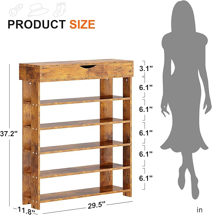soges 5-Tier Wooden Shoe Rack with Storage Cabinet, 29.5 inches Vertical Free Standing Shoe Shelf, Shoe Organizer Storage Cabinet for Entryway, Living Room, Hallway, Doorway, Rustic Brown-NeatNest