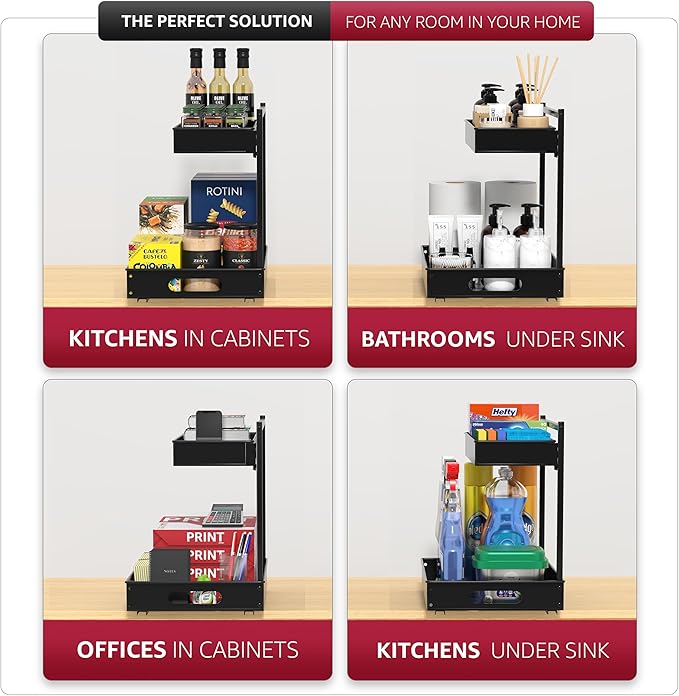 Sorbus Under Sink Organizer with Sliding Tracks – Pull Out Cabinet Organizer with Drawer & Installation Rails – Under Cabinet Bathroom Storage Organizer for Kitchen, Pantry, or Vanity –Black 1 Pack-NeatNest