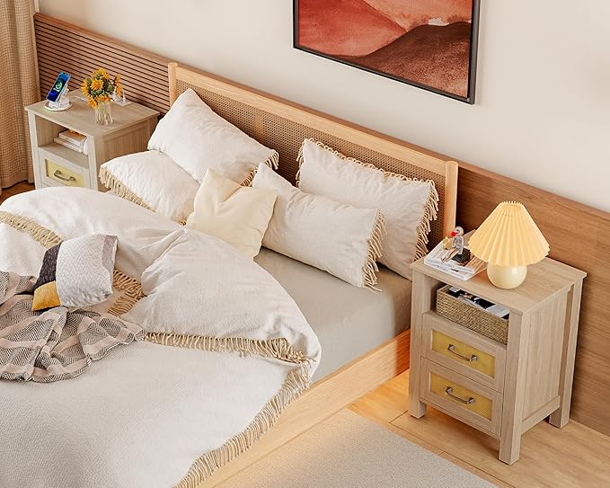 JUMMICO 26.18" End Table with Charging Station and Rattan Drawers, Farmhouse Nighstand, Wooden Storage Bedside Table, Living Room, Bedroom(2, Light Oak)