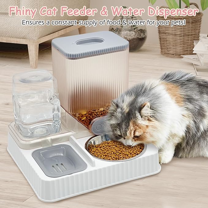 Fhiny Gravity Cat Feeder & Water Dispenser, 2 in 1 Automatic Puppy Waterer Removable Stainless Steel Food Bowls Set Self Feeding Pet Food Storage for Cat Kitten Puppy Easy Clean (Grey)-NeatNest