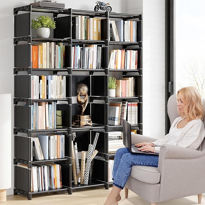 REIBII Book Shelf, 16 Cube Storage Organizers, Tall DIY Book Case for Bedroom, Office, Living Room, Closet, 12" D x 47.24" W x 70.86" H, Black