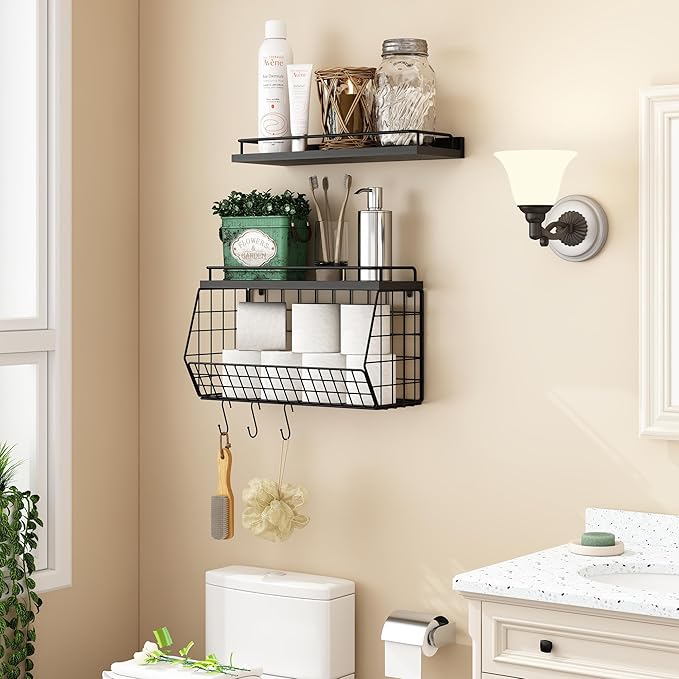 Bathroom Shelves Over Toilet Wall Mounted Floating Shelves with Wire Basket and Hooks Metal Shelf Organizer for Bathroom, Bedroom, Living Room, Kitchen, Home Storage-NeatNest