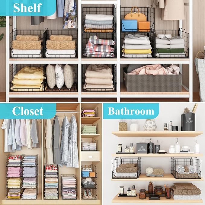 Stackable Closet Organizers and Storage Bins 4 Pack, Sturdy Metal Clothes Storage Container for Clothes Pants Sweaters, Black Folded Drawer Shelf Organizer for Closet Wardrobe