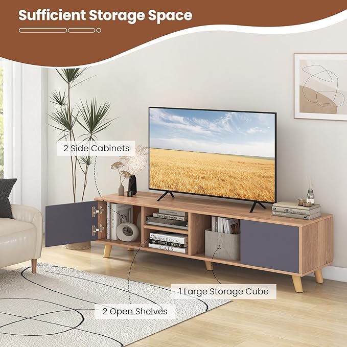 Tangkula TV Stand for TVs up to 65 Inch, Media Entertainment Center with 2 Doors, Open Shelves, TV Console Table with 3 Cable Management Holes, TV Cabinet for Living Room (Natural + Gray, for 65" TV)-NeatNest