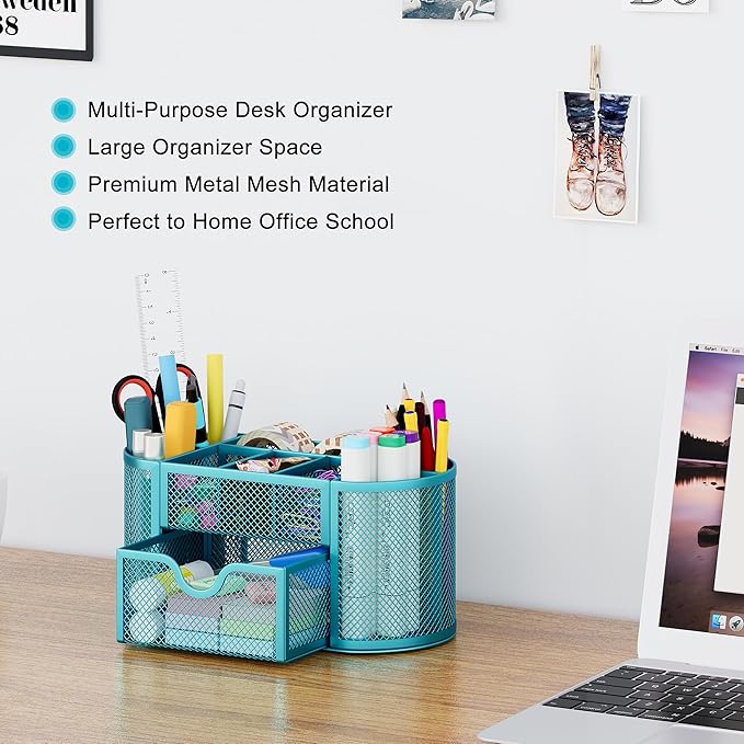 EasyPAG Mesh Desk Organizer, Multi-functional Stationery Organizer for School Supplies, Office Pen Holder for Desk, 9 Compartments Dorm Organization with Drawer, Blue