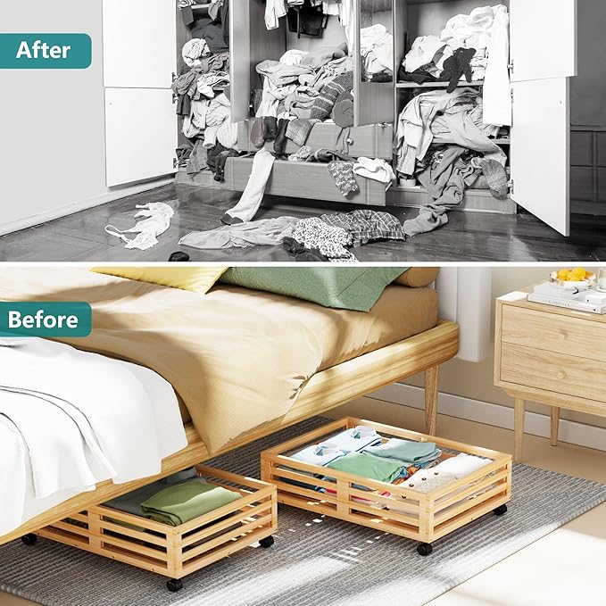 Bamboo Under Bed Storage Containers- Underbed Organizer with Wheels with Large Capacity Dust Bag,Sturdy Wood Rolling Under Bed Shoe Storage Organizer 2 Packs (Nature, 2 Packs (23.62"×16.54"))-NeatNest