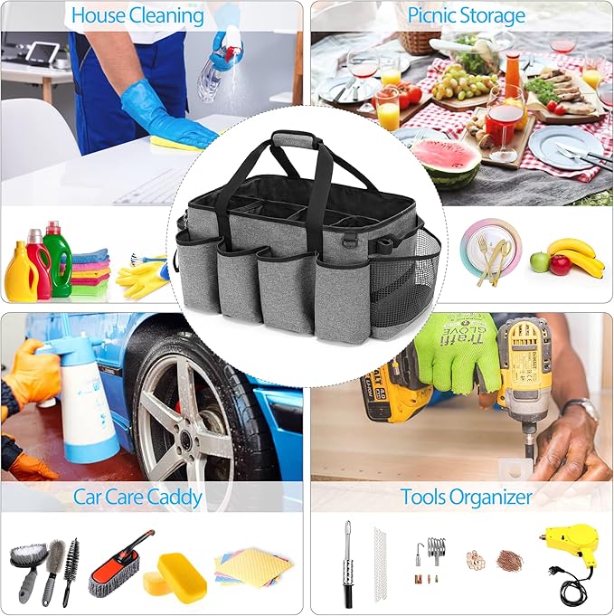 Extra-Large Cleaning Caddy, Organizer with Handles for Cleaning Tools & Products Storage, Large Capacity Tote Bag for Car, Home & Housekeeping Work, Gray