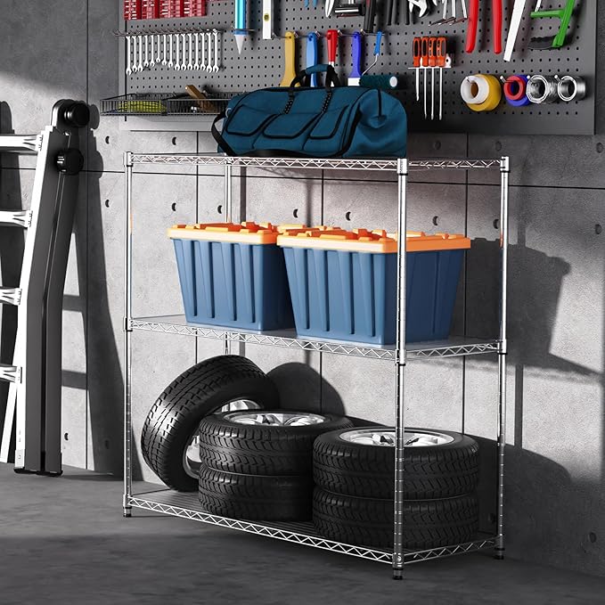 3 Tier NSF Wire Shelf Shelving Unit, 18 x 48 x 48 Inch 1050lbs Capacity Heavy Duty Adjustable Storage Metal Rack with Leveling Feet & Shelf Liners, Ideal for Garage, Kitchen, Office and More - Chrome