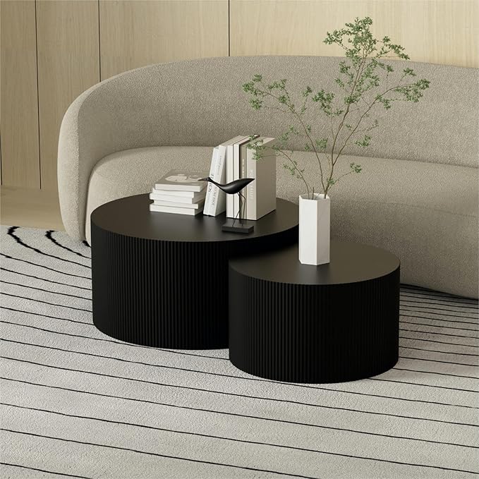 KEVINSPACE Coffee Table Set of 2 Modern, Wooden Circle End TableSet, Living Room Nesting Table Round 2-Piece,No Assembly Required Accent Furniture for Bedroom Balcony Library,Black