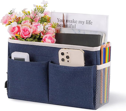 Bedside Caddy Hanging Storage with Water Bottle Holder for Bunk Bed Hospital Bed Dorm Rooms (Dark Blue)-NeatNest