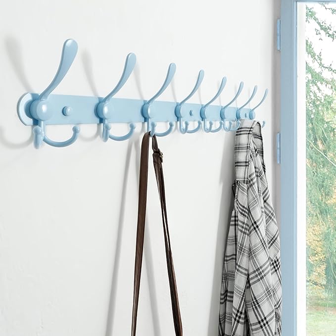 Dseap Coat Rack Wall Mount - 29.5” Long 8-Tri-Hooks Heavy Duty Coat Hanger Rail Wall Hooks for Hanging Coats Hats Clothing Clothes Purse Mudroom Entryway, Blue-NeatNest