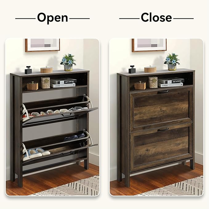Shoe Cabinet with 2 Flip Drawers, Narrow Shoe Storage Cabinet, Freestanding Shoe Cabinet Organizer, Hidden Shoe Rack Cabinet for Entryway, Hallway (2-Drawers, Brown/2-drawers)-NeatNest