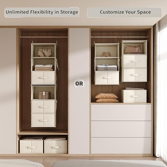 Vailando 6-Shelf Hanging Closet Organizer, 2 Separable 3-Shelf Hanging Shelves with 3 Drawers for Wardrobe, Nursery, Baby Clothes Organization and Storage, Beige-NeatNest