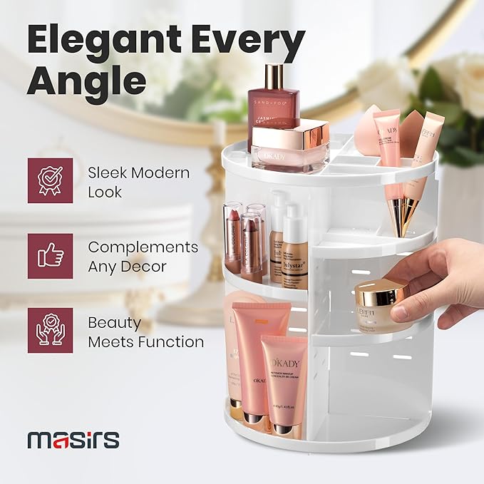 Masirs 360 Rotating Makeup Organizer - Adjustable Shelf Height and Fully Rotatable. The Perfect Cosmetic Organizer for Bedroom Dresser or Vanity Countertop. (White)-NeatNest