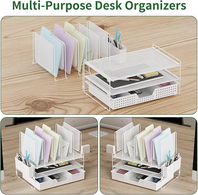 Desk Organizer, Office Organization with Vertical File Holder, File Organizer with Drawer and Pen Holder, Desk Accessories and Workspace Organizers for Home Office (White)-NeatNest