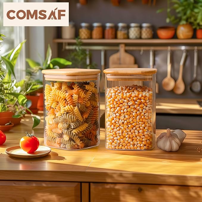 ComSaf 1.2 QT Glass Storage Containers with Lids, Glass Jars with Lids, Clear Food Jar, Square Canister Set of 6, Pantry Organizers and Storage for Cookie Flour Oat Pasta Tea Coffee Bean-NeatNest