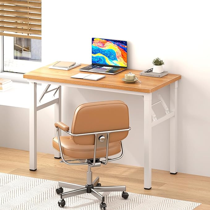 DlandHome Folding Desk - 31.5 Inch Small Computer Desk for Home Office - Folding Table Writing Table for Small Spaces - No Assembly Required - Teak & White Frame-NeatNest