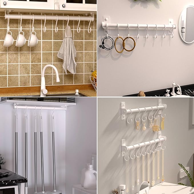 Dseap Kitchen Utensil Holder Hanger, Pot and Pan Rack Wall Mounted, Kitchen Rail with 8 Hooks for Hanging Cooking Utensils, Mugs, Spoons, Wall Mounted, White, Pack of 2-NeatNest