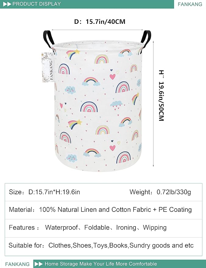 FANKANG Storage Basket, Nursery Hamper Canvas Laundry Basket Foldable with Waterproof PE Coating Large Storage Baskets for Kids Boys and Girls, Office, Bedroom, Clothes,Toys(Love Rainbow )