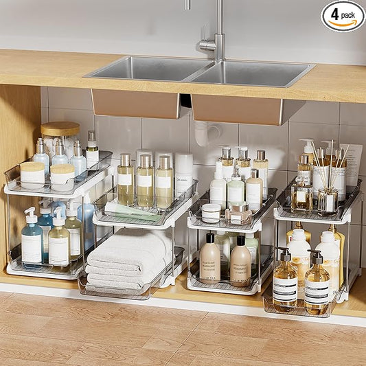 Delamu 4 Sets of 2-Tier Multi-Purpose Bathroom Cabinet Under Sink Organizers and Storage, Stackable Kitchen Pantry Organization and Storage, Grey-NeatNest