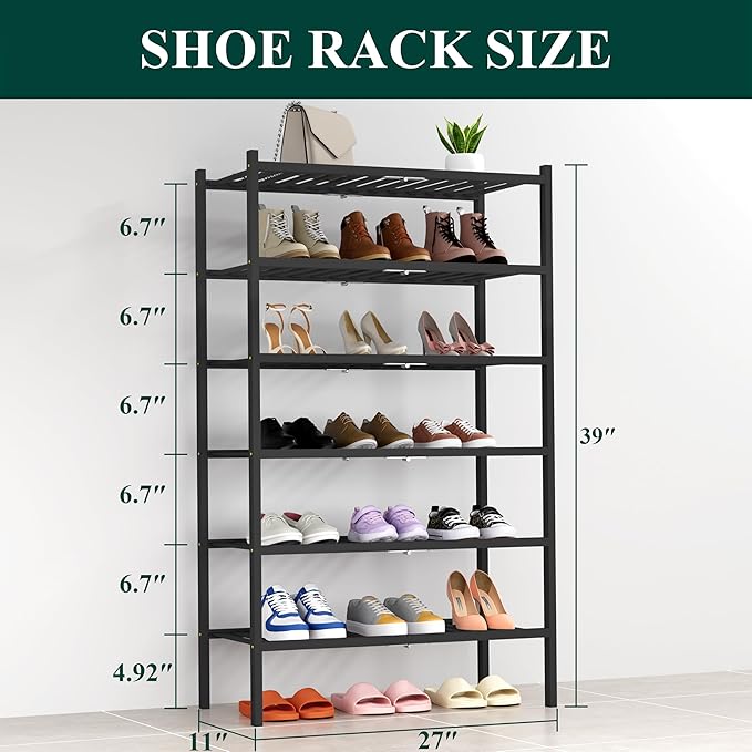 Smiry Shoe Rack, 6 Tier Thick Bamboo Shoe Organizer, Stackable Free Standing Wooden Shoe Storage Shelf for Closet, Entryway, Front Door Entrance, Black-NeatNest