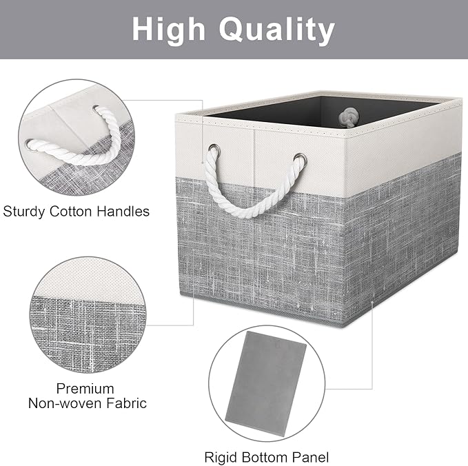 Fab Totes Foldable Storage Baskets - 6-Pack, Organize Toys, Books, Shelves, Closet - Large Storage Box with Rope Handles, Sturdy White & Grey Bins-NeatNest