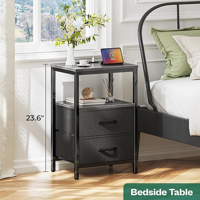 Huuger Nightstands Set of 2, End Tables with Charging Station, Side Tables with Fabric Drawers, Bedside Tables with USB Ports and Outlets, Night Stands for Bedroom, Charcoal Gray