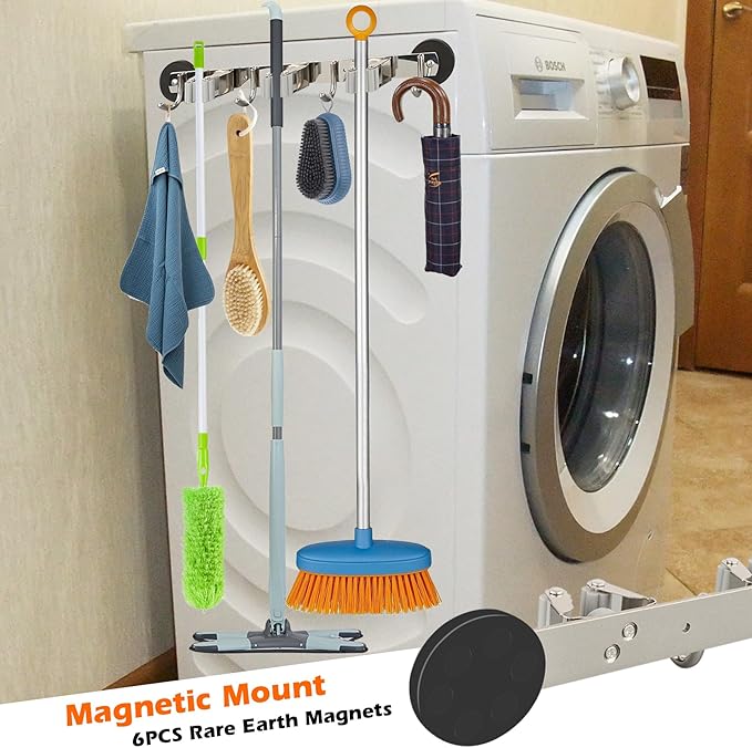 MUTUACTOR Magnetic Broom Holder,Non-slip Heavy Duty Broom and Mop Hanger Metal Tool Holder 3 Racks and 4 Hooks for Laundry Garage Kitchen Factories Workshops Organization and Storage(1 Set)-NeatNest