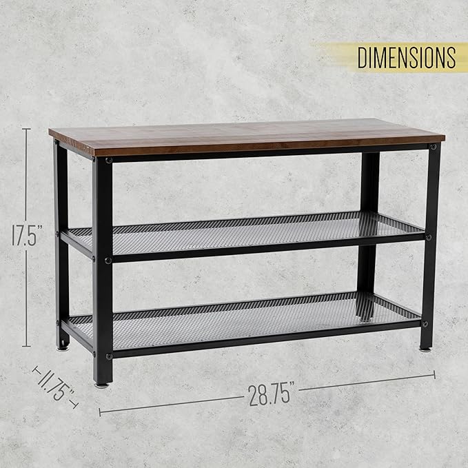 HBCY Creations Rustic Brown Solid Pine Wood 3-Tier Entryway Shoe Rack Bench with Metal Mesh Shelves, for Entryway, Mudroom, or Bedroom, and More!-NeatNest