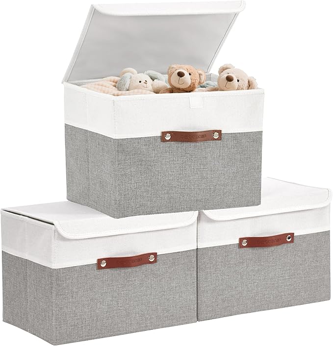 DECOMOMO Fabric Storage Bins with Lid, Storage Baskets for Shelves Toy Box (Grey and White, 3 Pack)-NeatNest