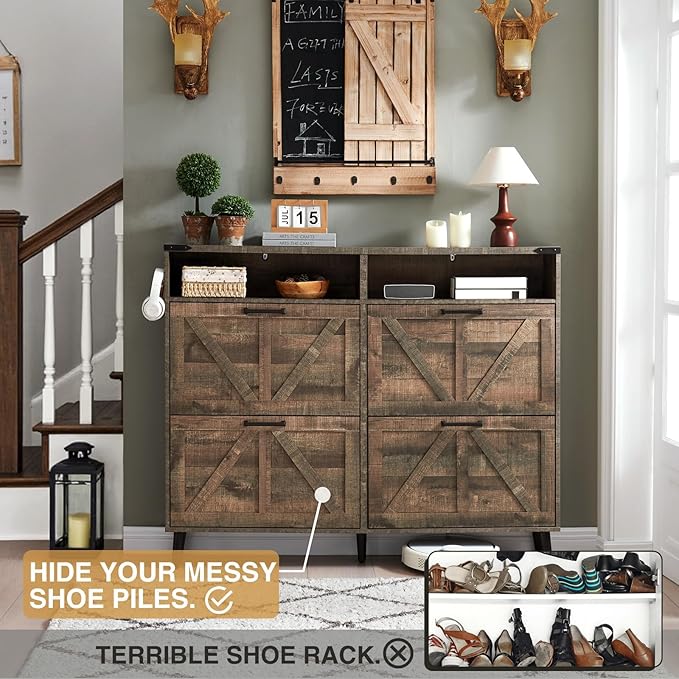Shoe Storage Cabinet,Farmhouse Shoes Organizer with 4 Flip Drawers & Barn Door Design,Freestanding Hidden Slim Narrow Shoe Rack Cabinet with Open Shelves for Entryway,Hallway,Rustic Brown-NeatNest