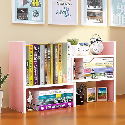 Desktop Shelf Organizer, Adjustable Wood Office Storage Rack, Counter Display Small Bookshelf for Home/Office/School(Pink)-NeatNest