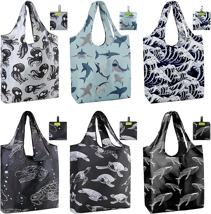 BeeGreen Reusable Grocery Bags for Groceries | Foldable Tote Bags with Handles Reusable Gift 6 Set - Heavy Duty Washable Polyester Travel and Shopping Basket - Bulk Bag for Women Animal Lovers-NeatNest