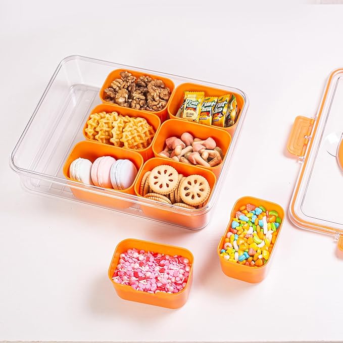 Divided Serving Tray with Lid and Handle - Snackle Box Charcuterie Container for Portable Snack Platters Organizer for Candy, Fruits, Nuts, Snacks - Perfect for Party, Entertaining, Orange-NeatNest