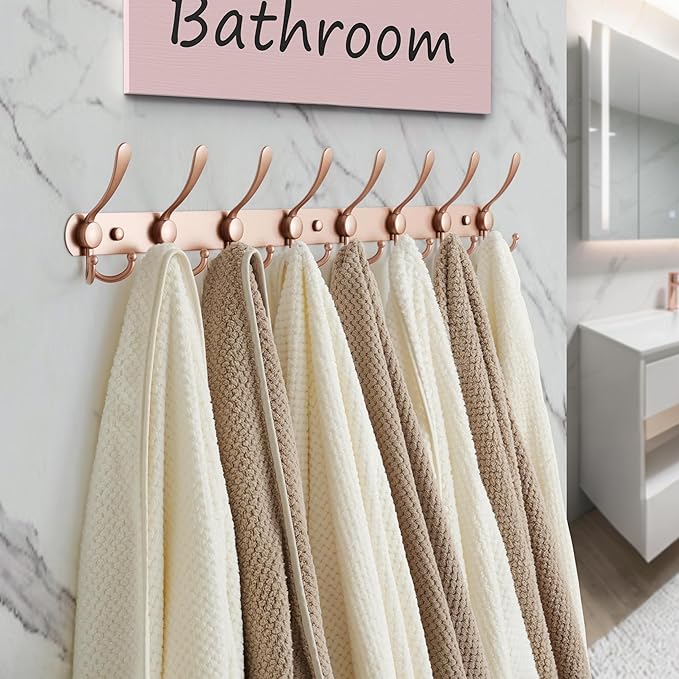 Dseap Coat Rack Wall Mount - 29.5” Long 8-Tri-Hooks Heavy Duty Coat Hanger Rail Wall Hooks for Hanging Coats Hats Clothing Clothes Purse Mudroom Entryway, Rose Gold, Pack of 2-NeatNest