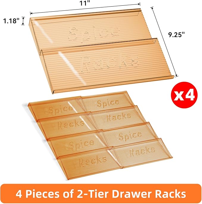 Spice Drawer Organizer, 4 Tier- 4 Pack Amber Acrylic Drawer Seasoning Organizer, Expandable From 11'' to 22'' Kitchen Spice Rack Organizers and Storage for Drawer (Jars not included)