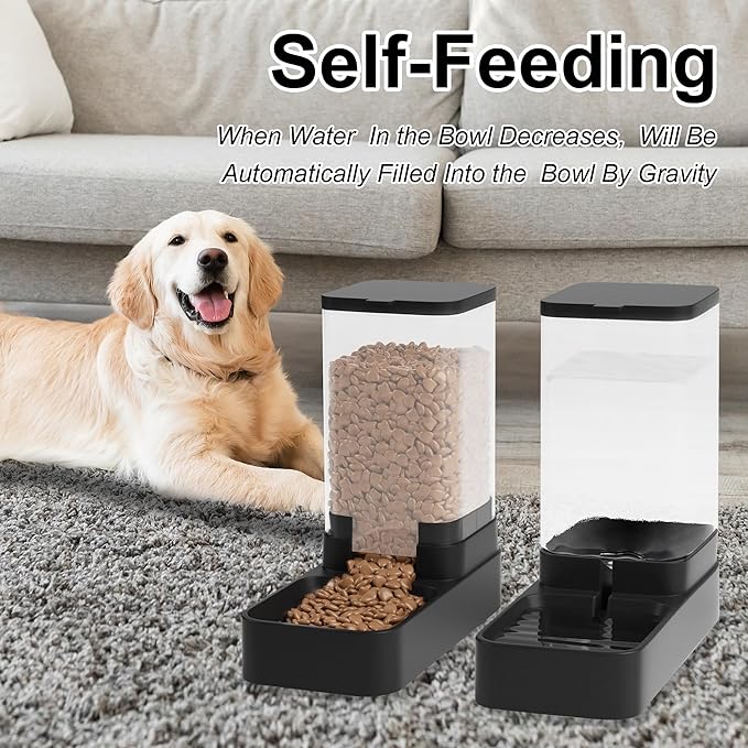Automatic Cat Feeder and Water Dispenser in Set with Pet Food Bowl,Gravity Dog Waterer and Food Feeder for Small Medium Dog Cat Puppy Kitten Large Capacity(3.8L,Black)-NeatNest