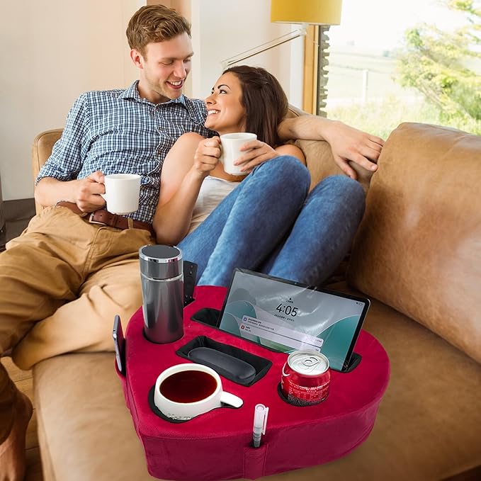 Heart-Shaped 8-in-1 Bed & Couch Cup Holder, Sofa Organizer Caddy Holds Phone, Tablet/iPad, TV Remote, Gaming Console, Mug - Drinks Cupholder Tray - Buddy Pillow Gift for Women & Couples, Red-NeatNest