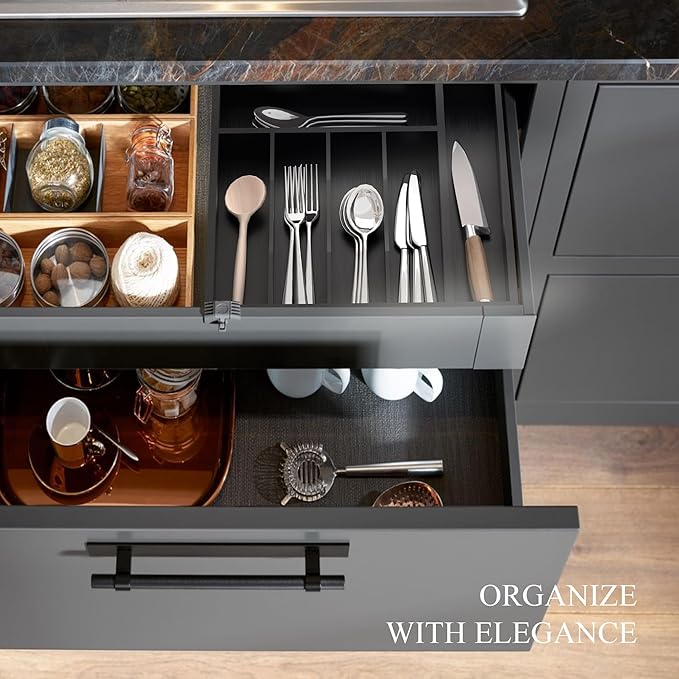 Bamboo Silverware Organizer, Kitchen Drawer Organizer, Utensil Holder, Cutlery Tray & Spoon Flatware Storage with Grooved Drawer Dividers ((7 Slots, Black)-NeatNest