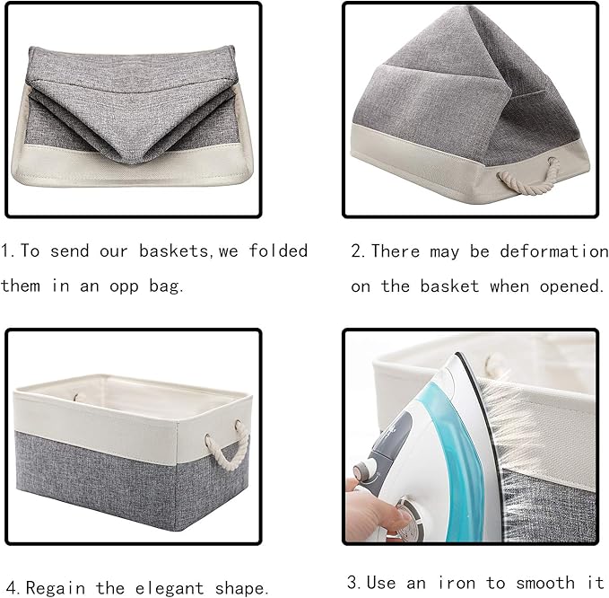 Fabric Storage Basket, Foldable Linen Storage Box for Nursery and Home, Collapsible Canvas Shelf Basket for Wardrobe or Bedroom, Grey and White