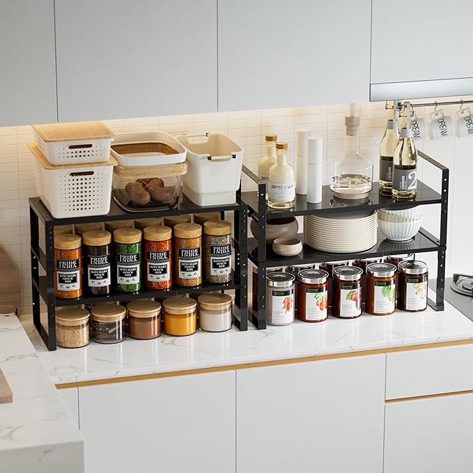 Expandable,Stackable Spice Rack,Seasoning Organizer and Storage,Spices Jar Racks for Cabinet,Countertop, Metal Pantry, Cupboard,Laundry Storages,Heavy Duty(2 Packs/Large/Black)-NeatNest
