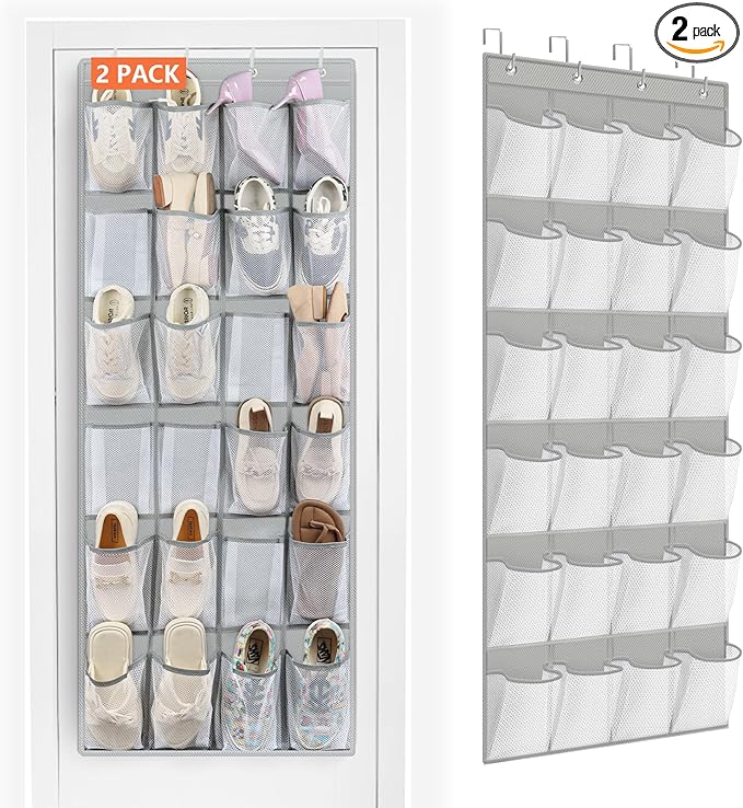 FENTEC 2 Pack Over the Door Shoe Organizer Hanging Shoe Organizer for Closet, Space Saving Mesh Large Pocket Shoe Storage and Organizer with 24 Packets, Shoe Holder for Apartments Garages, Gray-NeatNest