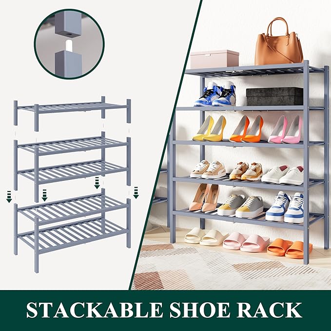 Smiry Shoe Rack, 2 Tier Thick Bamboo Shoe Organizer, Stackable Free Standing Wooden Shoe Storage Shelf for Closet, Entryway, Front Door Entrance, Grey-NeatNest