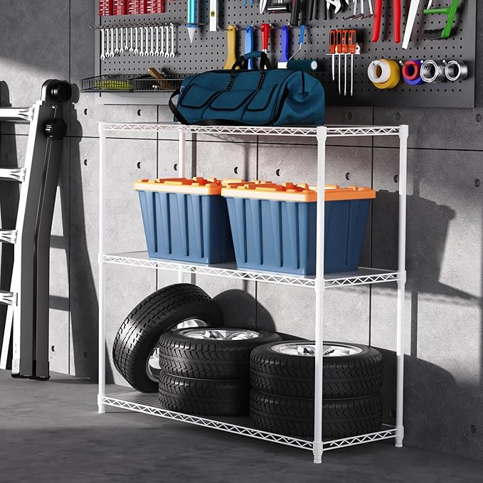 3 Tier NSF Wire Shelf Shelving Unit, 18 x 48 x 48 Inch 1050lbs Capacity Heavy Duty Adjustable Storage Metal Rack with Leveling Feet & Shelf Liners, Ideal for Garage, Kitchen, Office and More - White