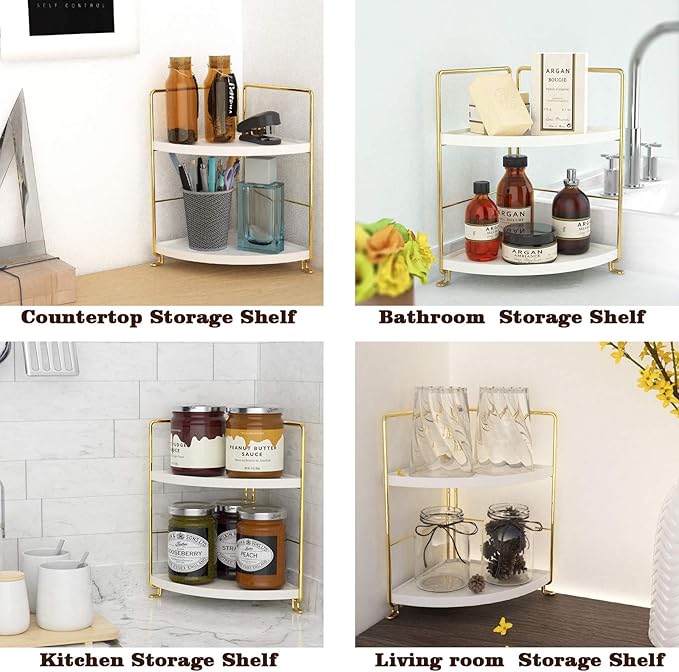 2-Tier Kitchen Spice Rack-Corner Bathroom Shelf- Triangle Standing Storage Rack for Bathroom, Living Room, Bedroom, Kitchen (Golden)-NeatNest