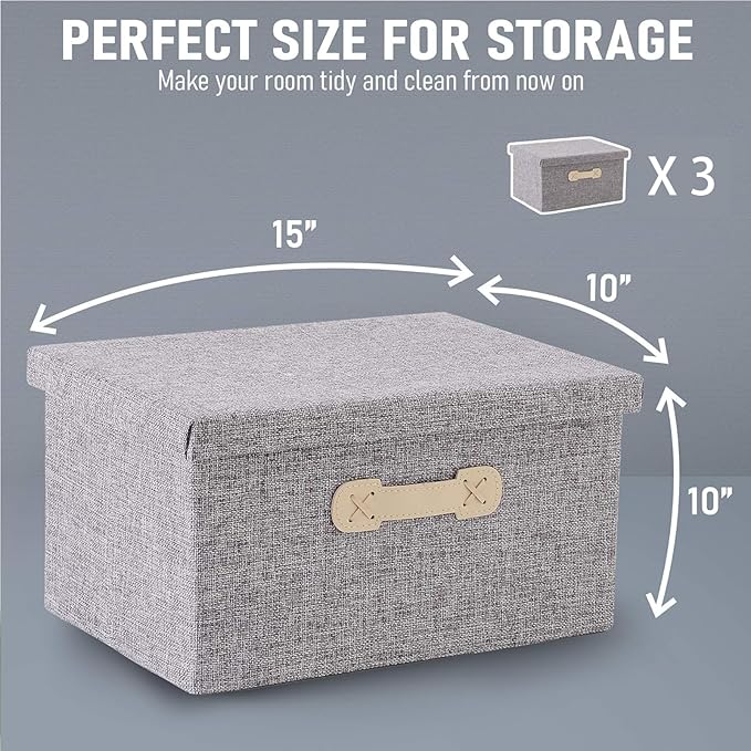Enzk&Unity Decorative Storage Boxes with Lids, 3 Pack Grey Fabric Storage Bins with Handle, Foldbale and Stackable Storage Boxes for Shelf, Closet, Bedroom, Living Room-NeatNest