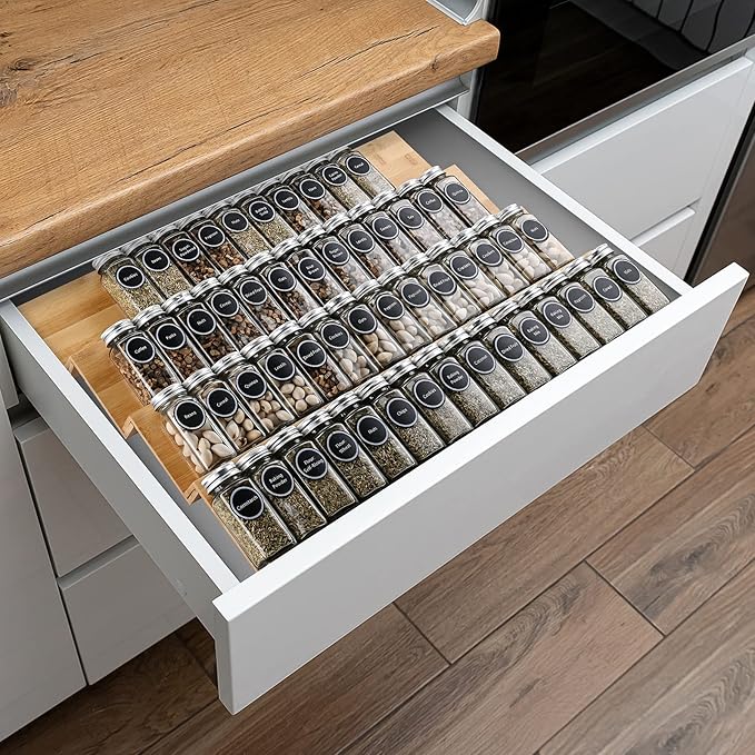 Bamboo Spice Rack Tray - Spice Drawer Organizer for Kitchen Cabinets Storage and Organization (Jars Not Included)-NeatNest