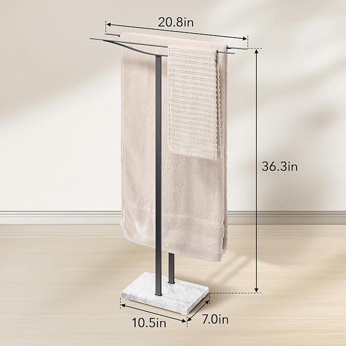 Bathroom Towel Rack Freestanding Floor Stand: Black 36in 2‑Bar Weighted Marble Base Towel Holder, Rustproof 304 Stainless Steel Drying Rack for Bath&Hand Towels, No‑Drill Slim Organizer, Spa Pool